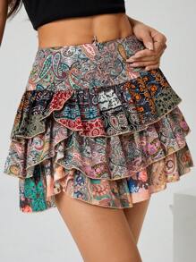 SHEIN PETITE Váy mini xếp tầng cho ngày lễ dành cho nữ, họa tiết Paisley, váy ngắn - Nhiều màu - Xem 4