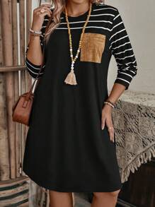 EMERY ROSE Vestido casual de manga larga con diseño de parches a rayas para tallas grandes - Negro - Ver 6