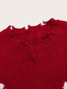 SHEIN EZwear 女式秋冬 V 领十字图案落肩长袖做旧宽松毛衣 - 紅色 - 查看 3