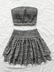 SHEIN Unity Bộ 2 áo Bandeau cho nữ có viền xếp nếp và chân váy in họa tiết khắp thân - Đen và trắng - Xem 5