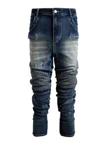 Manfinity Roughcore Plus Size Men Navy Zip-Up Denim Long Sleeve Shirt And Ruched Pocketed Denim Pants Motorcycle Suit - Dark Wash - View 4