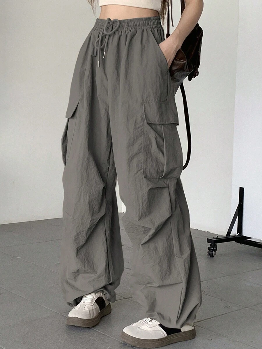 DAZY Women's Solid Color Drawstring Waist Cargo Pocket Pleated Wide Leg Loose Casual Pants - Grey - View 1