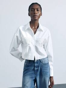 Maija 女士春夏水钻装饰时尚都市风翻领开襟长袖短款时尚衬衫，适合圣帕特里克节、复活节、中国新年、音乐节等场合穿着。这款衬衫也适合夏季、海滩度假、外出、毕业典礼等场合。 - 白色 - 查看 6