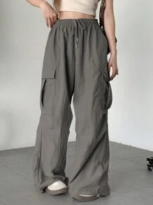 DAZY Women's Solid Color Drawstring Waist Cargo Pocket Pleated Wide Leg Loose Casual Pants - Grey - View 4