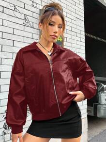 Chaqueta negra con cremallera y hombros caídos - Burdeos - Ver 3