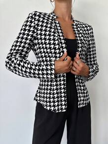 Firerie Women Casual Black & White Houndstooth Patterned Open Front Regular Jacket, Early Autumn