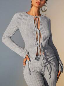 SHEIN Unity Women's Gray Knitted Textured Fleece Front Tie Up Pullover Tops, Winter & Fall - Grey - View 1