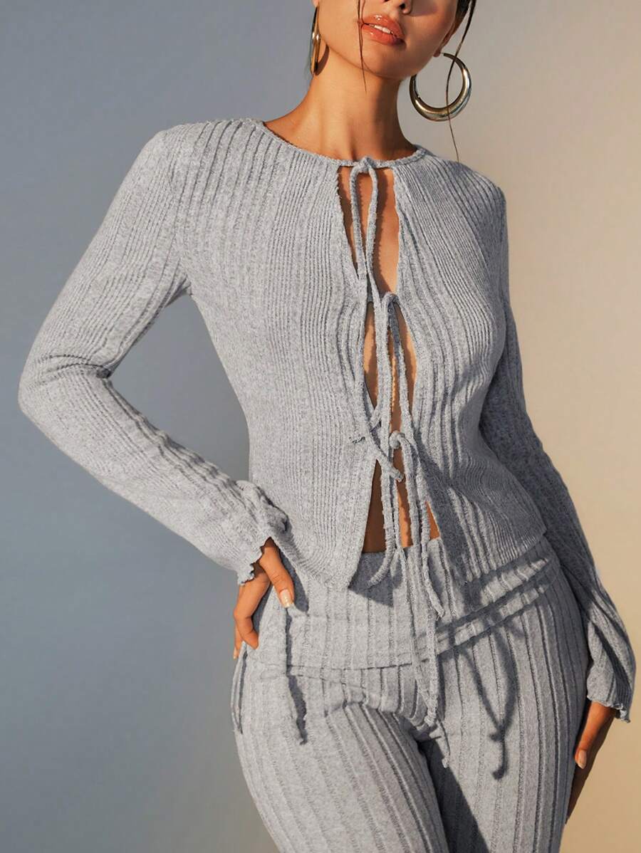 SHEIN Unity Women's Gray Knitted Textured Fleece Front Tie Up Pullover Tops, Winter & Fall - Grey - View 1