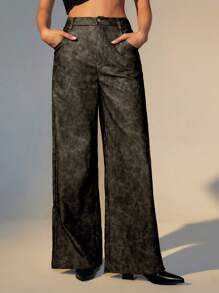 SHEINNeu 女式工装裤，秋季女装，女式阔腿裤，制服裤，黑色正装裤 - 黑色 - 查看 1