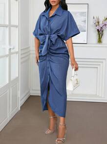 SHEIN Lady 办公室连衣裙 节日连衣裙 牛仔效果蓝色纯色荷叶边衬衫裙 女士连衣裙 - 藍色 - 查看 6