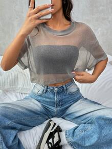 SHEIN EZwear Áo lưới mỏng tay ngắn cho nữ - Bạc - Xem 5