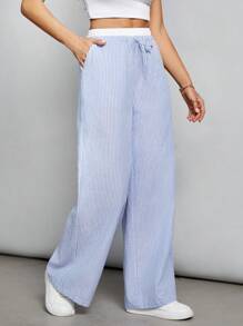 SHEIN Tall 秋季蓝色条纹撞色腰部编织女长裤 - 藍色 - 查看 1