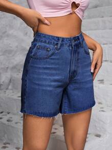 SHEIN PETITE 女式纽扣装饰腰带口袋流苏下摆街头风格牛仔短裤 - 深色水洗藍 - 查看 7