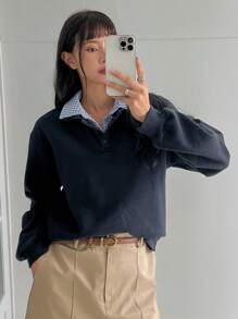 Dazy-Less 女士休闲格子拼接长袖卫衣，复古风格长袖上衣，秋季商务休闲女装 - 藏蓝色 - 查看 17