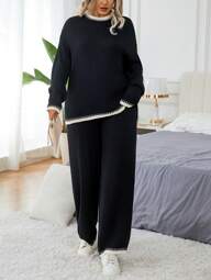 EMERY ROSE Plus Size Women's Colorblock Round Neck Dolman Sleeve Sweater And Wide Leg Knit Pants Casual Suit For Autumn/Winter Fall Cloth For Women