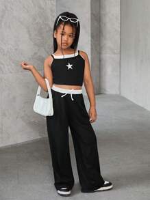 SHEIN Tween Girl Summer Casual Sport Knit 2 In 1 Tank Tops & Sweatpants Sets,Star Print,2pcs,Back To School Clothes,Black,Halloween Tween Girl - Hot Pink - View 5