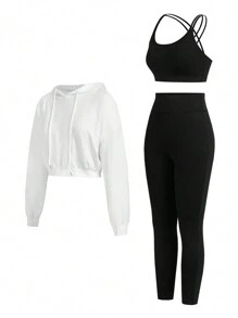 Easithlete Women's Sport Suit With Hooded Long Sleeve Top, Criss-Cross Strap Tank, & Slim Fit High Waisted Pants Outfit Tracksuits Women Set Workout Women Set Women Leggings Set - Multicolor - View 4