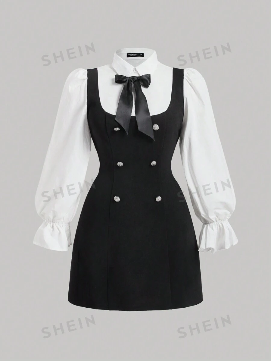 SHEIN MOD Vestido de 2 en 1 con manga de volantes y lazo por delante para tallas grandes