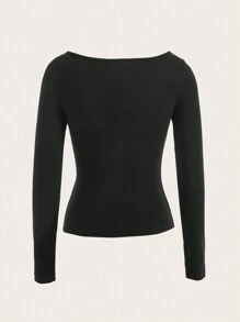 Tseoso Einfarbiges schwarzes tailliertes T-Shirt mit Rundhalsausschnitt und langen Ärmeln für Damen, Frühling/Sommer