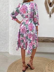 SHEIN LUNE V-Neck Print Half-Button-Up Ruffle Short Sleeve Belted Vacation Dress - Multicolor - View 2