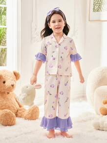 SHEIN 2 piezas Conjunto de pijama para niña joven con decoración de volantes en cuello, puños y dobladillo, estampado floral fresco - Morado - Ver 5
