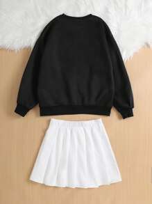 2 piezas/Set Sudadera negra con gráfico de estrella y falda plisada blanca para niña adolescente, conjunto informal - Blanco y Negro - Ver 2
