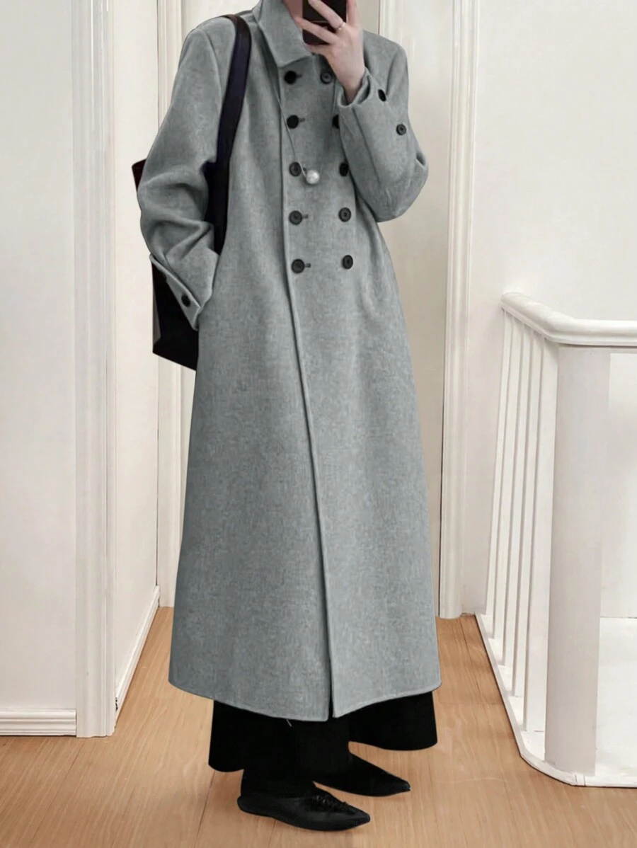 Chiquease 女士纯色简约日常双排扣针织外套 - 灰色 - 查看 1