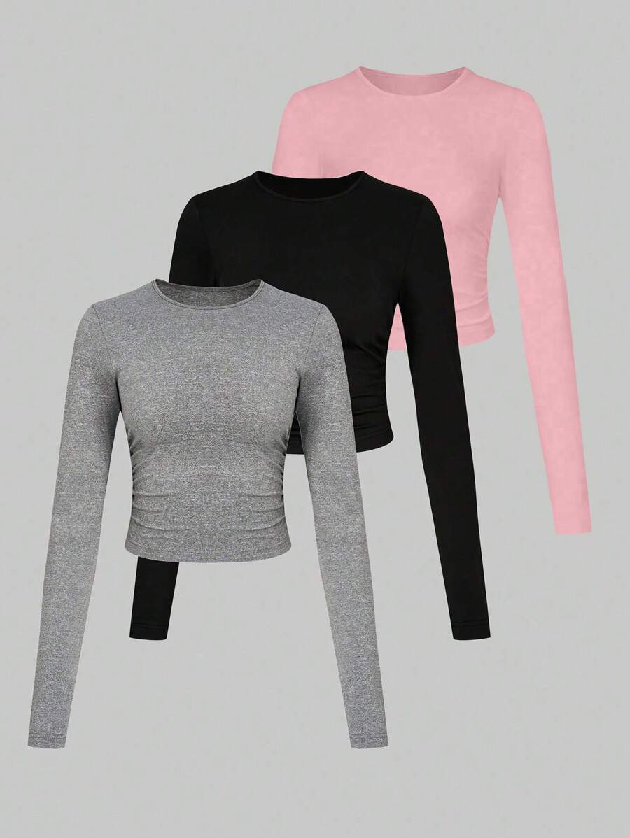 Chiquease 3 件套女士休闲纯色圆领长袖 T 恤套装，春夏 - 彩色 - 查看 1