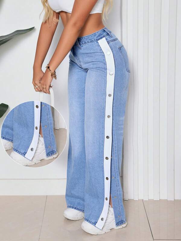 SHEIN SXY Jeans con botones delanteros, bolsillos y parches laterales con detalles de remaches, para uso casual diario