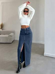 EURMUSE Women High Waist Slit Long Casual Denim Skirt - Dark Wash - View 6