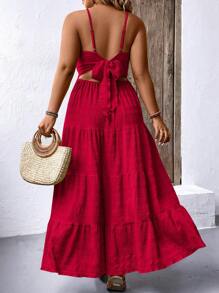 Breezaya Plus Size Boho Solid Color Ruffle Hemline Backless Spaghetti Strap Sleeveless Dress For New Year Maxi Women Outfit, For Summer