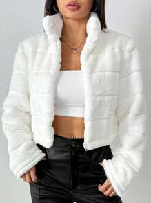 Flirla Women's Solid Color White Stand Collar Long Sleeve Fleece Short Jacket, Autumn Winter Fall Cloth For Women - White - View 5