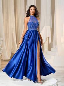 Faeriesty Rhinestone Detail Halter Neck Satin Formal Dress - Royal Blue - View 8