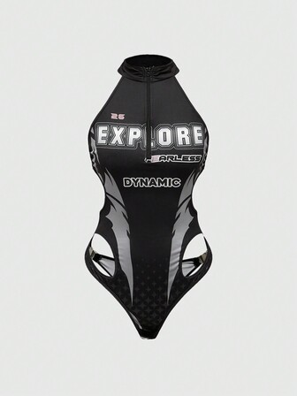 Grunge Punk Body sexy a contrasto di colore con logo da motociclismo da corsa, con laccetti incrociati e schiena scoperta, per donne