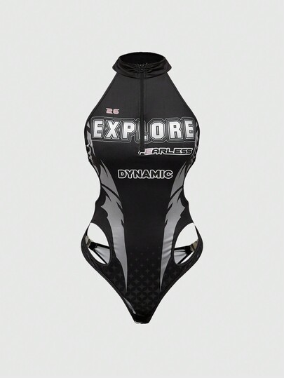 Grunge Punk Sexy Motorcycle Racing Words Logo Colorblock Splice Lace-Up Backless Bodysuit For Women