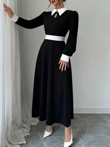 Selianne 女士撞色简约日常装领口长袖连衣裙长款女装 - 黑色 - 查看 5