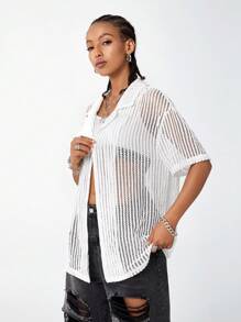 SHEIN EZwear 街头服饰纹理面料女士中性短袖衬衫，春/夏 - 白色 - 查看 6