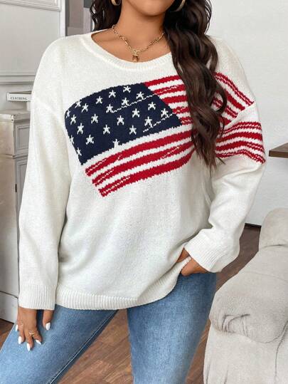 Calvaya Jersey de manga larga con estampado de bandera nacional para mujer talla grande