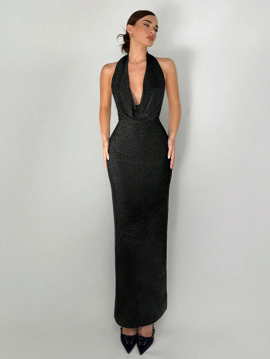 Aloruh Women's Elegant Draped Neck Backless Long Black Dress,Summer Glitter Shiny Fabric Formal Prom Dress,Ball Party Night Simple Dress For Women