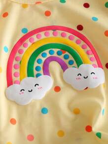 Elladie kids Young Girl 2pcs Back To School Casual Cute Round Neck Polka Dot & Rainbow Print T-Shirt And Solid Color Denim Skirt Shorts Set, Summer Summer Holiday - Yellow - View 5