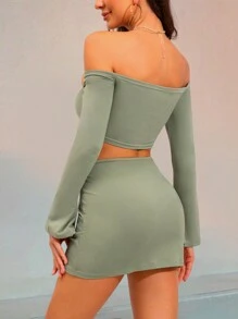 INAWLY 純色無肩帶飛擺袖束前短上衣和半身裙時尚性感兩件套裝