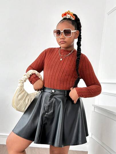 SHEIN Tween Girls Extended Size Solid Color Knitted Mock Neck Long Sleeve Top, Casual Wear