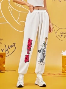 TOM & JERRY X SHEIN Women's Casual Cartoon & Letter Print Elastic Waist Jogger Sweatpants FALL Trousers White - White - View 4