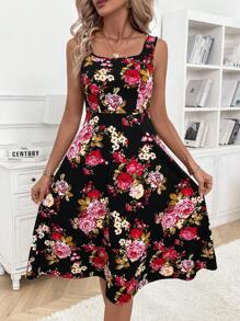 SHEIN Clasi Women's Floral Print Sleeveless Square Neck A-Line Dress - Black - View 1