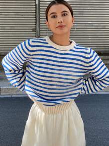 DAZY 女士休闲商务风格圆领针织毛衣，秋季女装 - 藍色 - 查看 8