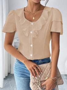 Chiquease Blusa casual con botones frontales, plisados y ribete de volantes de unicolor para mujer - Albaricoque - Ver 4