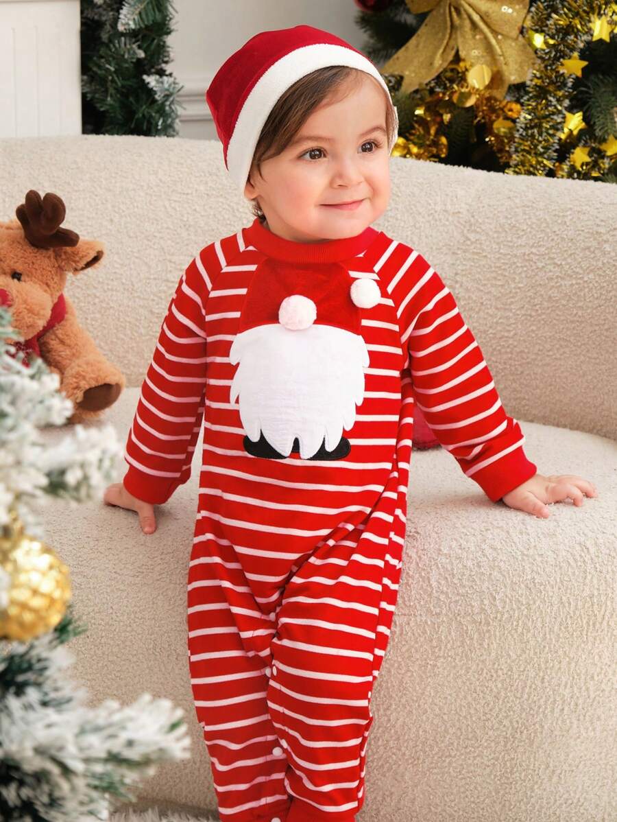 SHEIN 2 件套男婴休闲圣诞圣诞老人刺绣绒球连体衣带帽子，适合圣诞节、秋冬季 - 紅色 - 查看 1