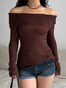 SHEIN Unity Jersey ajustado de manga larga de unicolor con hombros descubiertos, otoño/invierno para mujer - Café integral - Ver 1