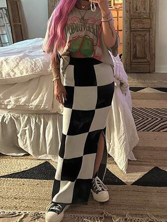 Women's Warm Knitted Plaid Long Skirt With High Slit, Sexy And Cozy