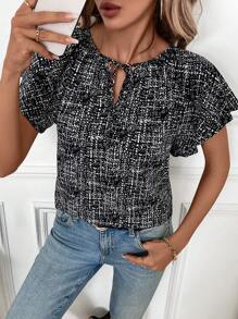 SHEIN Clasi Áo cánh hở vai cổ tròn tay bèo nhún cho nữ - màu đen - Xem 6